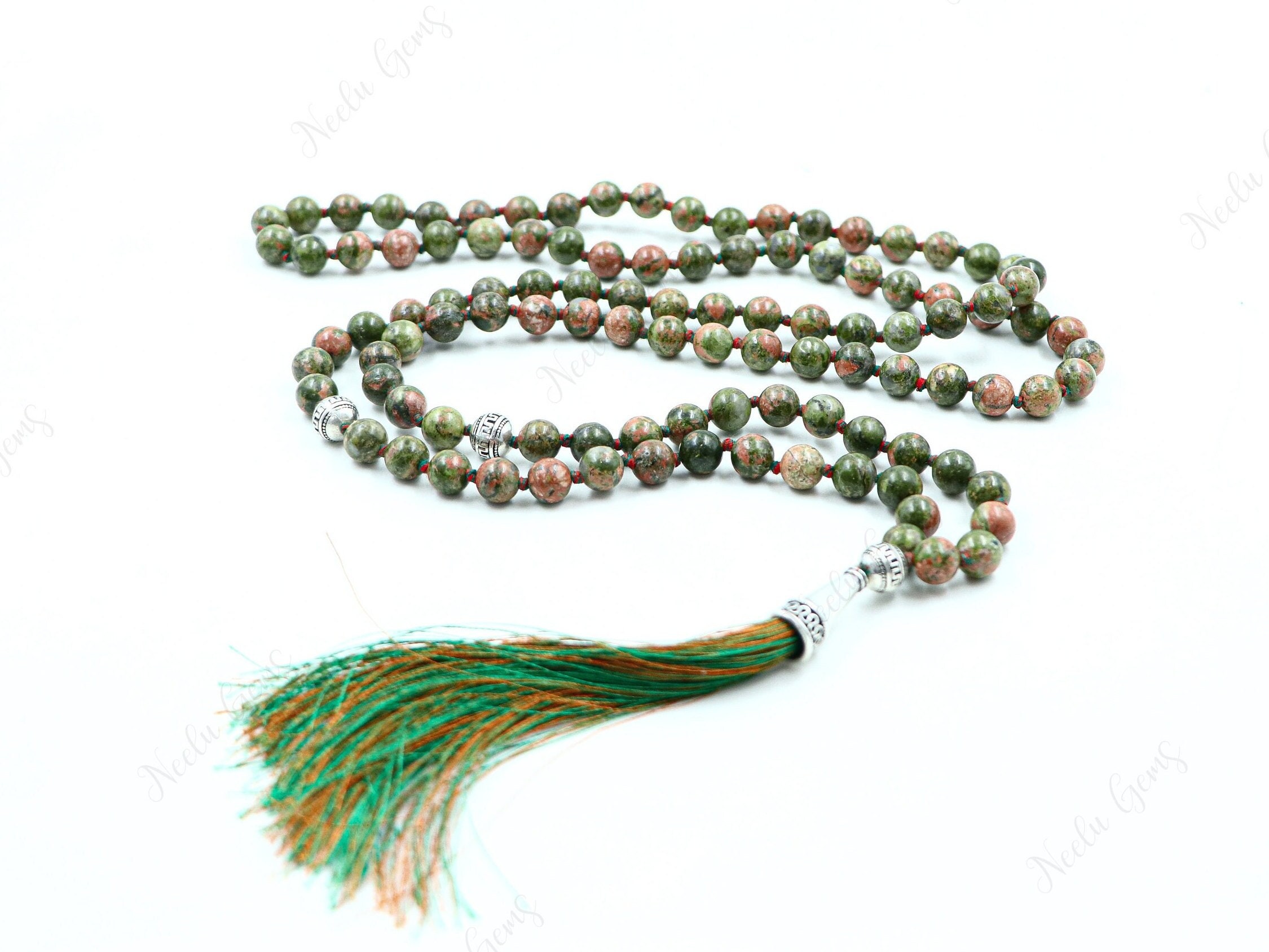 Unakite Jasper Mala Necklace 108 Beads Hand Knotted, Heart Chakra Balancing Stone, Pink & Green Tassel Necklace Yoga Meditation Prayer Beads