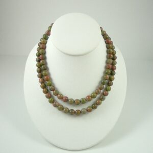 Long Unakite Gemstone Bead Necklace Light And Dark Green And Coral Necklace Fall Colors Necklace 34-inch Natural Unakite Necklace