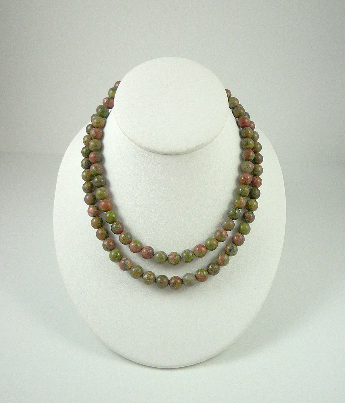 Long Unakite Gemstone Bead Necklace Light And Dark Green And Coral Necklace Fall Colors Necklace 34-inch Natural Unakite Necklace