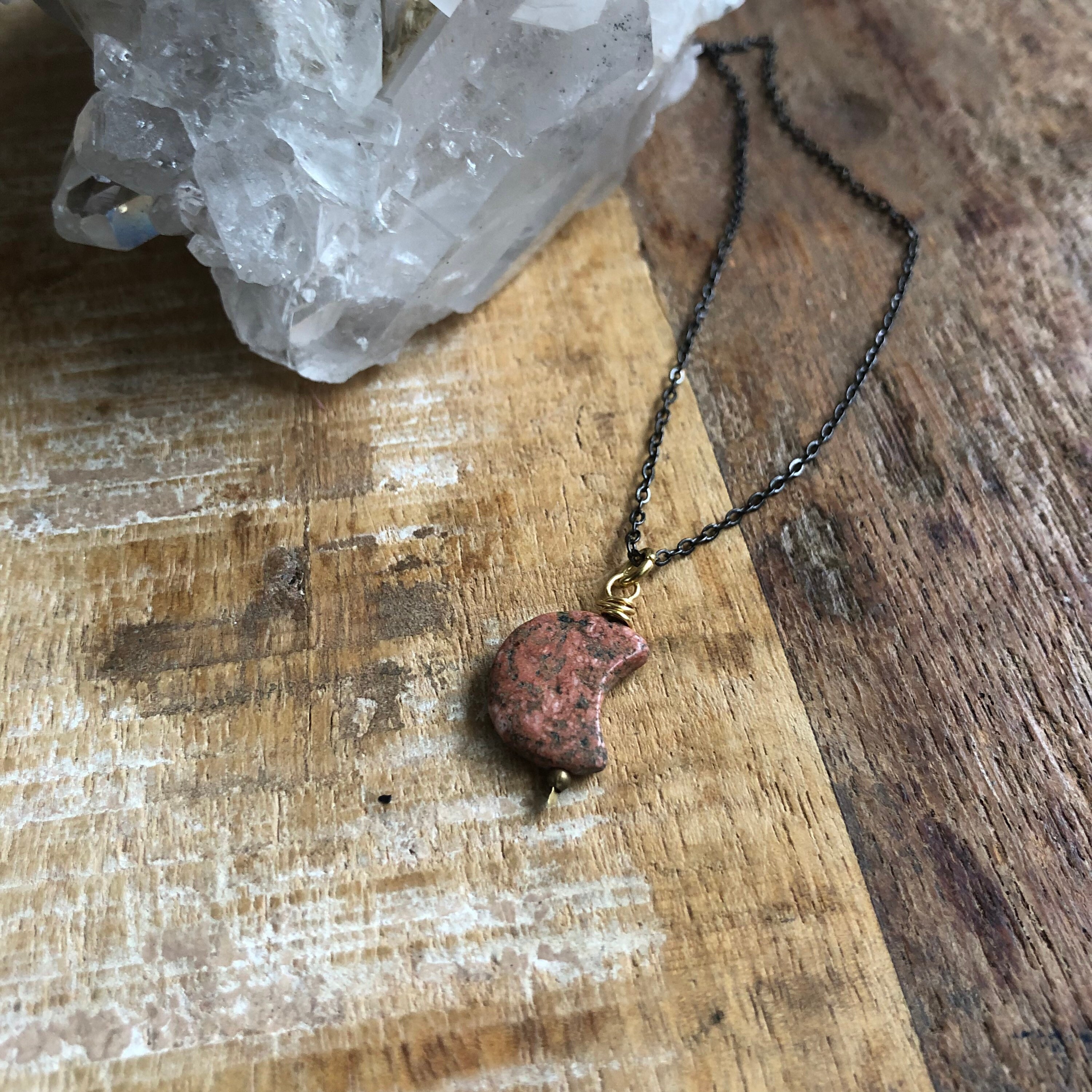 Unakite Moon And Brass Layering Necklace