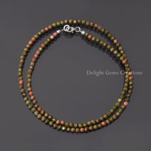 Natural Unakite Gemstone Beaded Necklace, 3mm Micro Faceted Beads