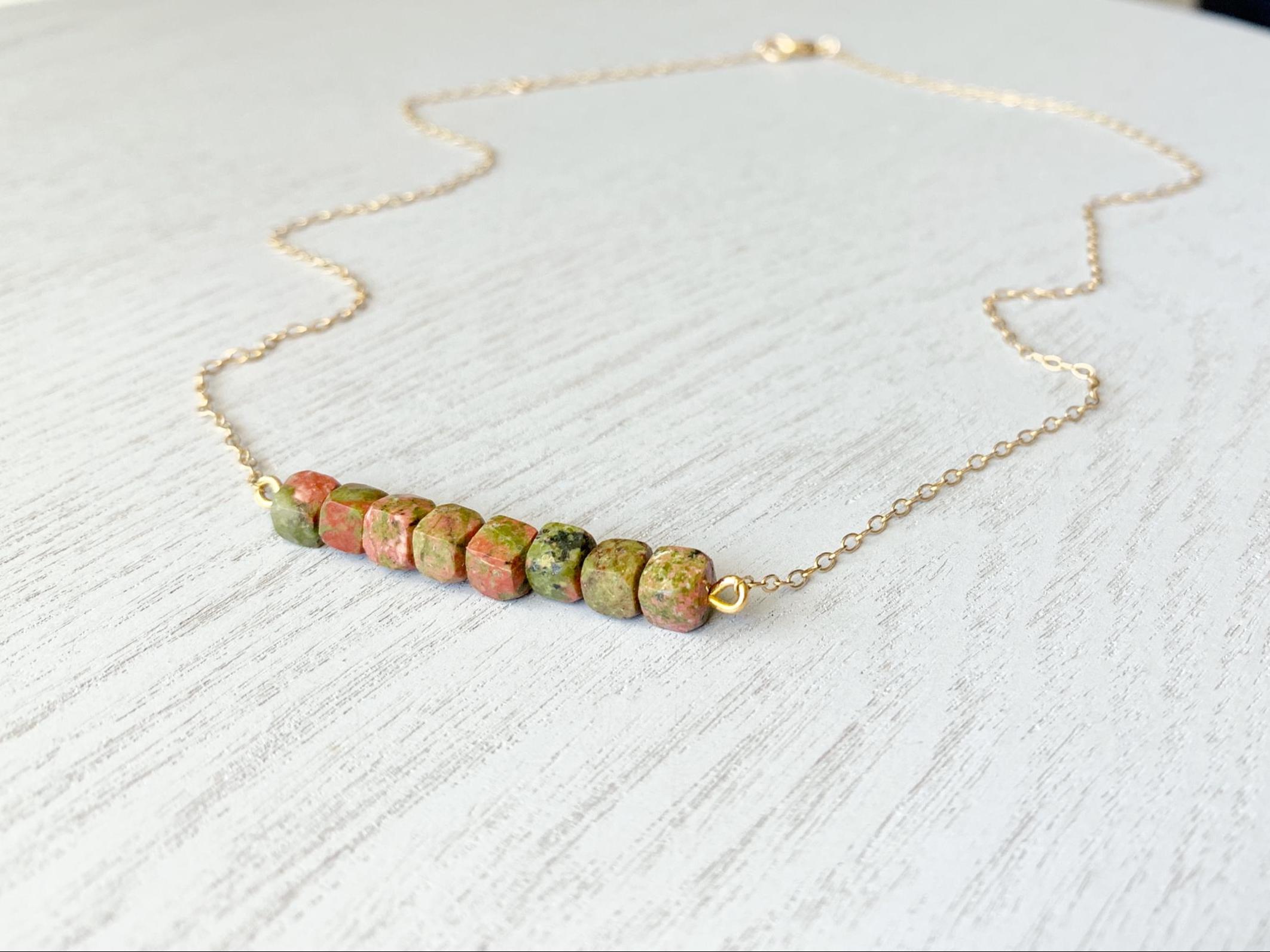 Raw Unakite Necklace, Natural Crystal Necklace, Green Stone Necklace, Witch Necklace, Unakite Jasper Necklace Gold, Silver Unakite Jewelry