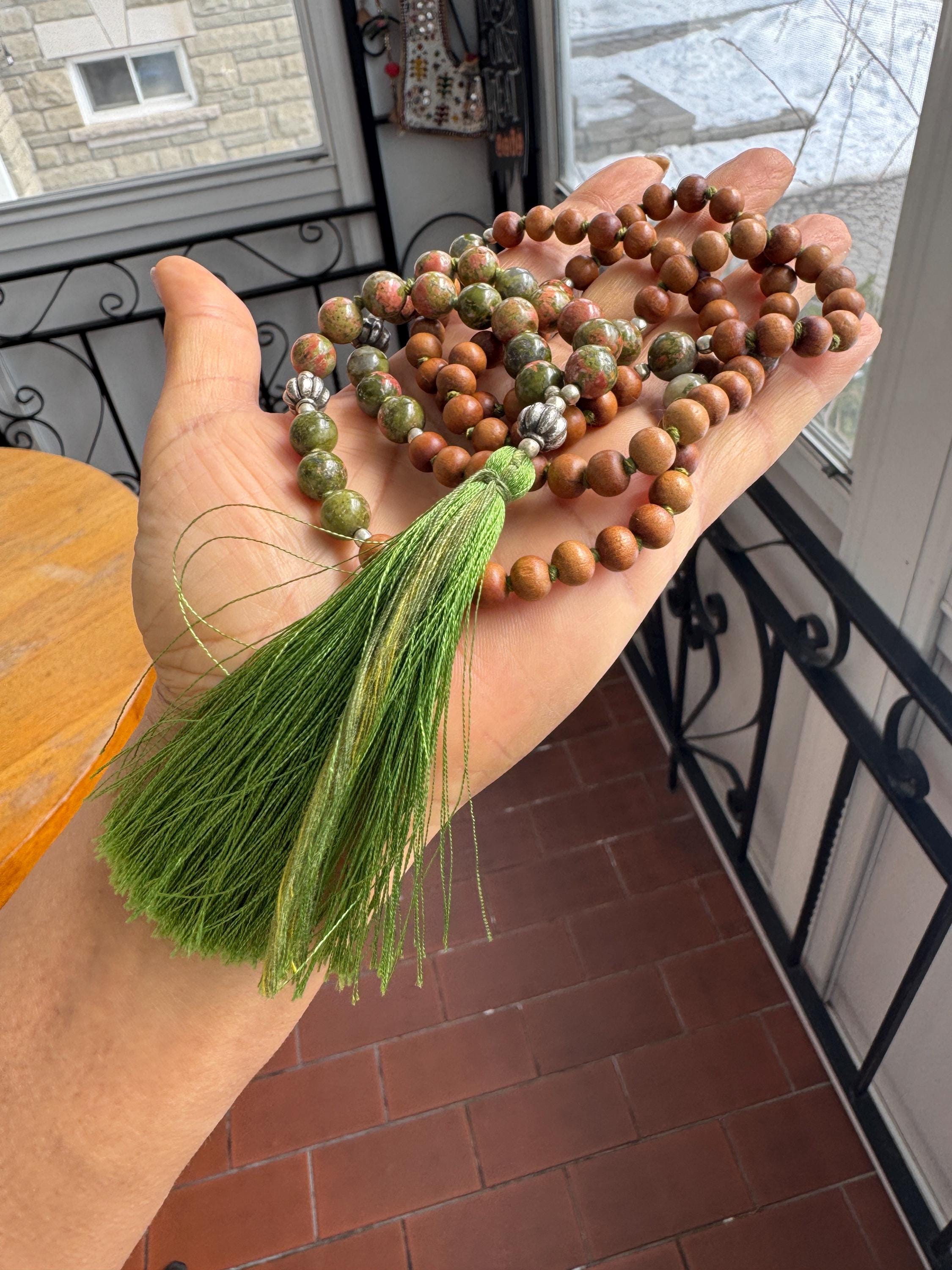 Sandalwood Unakite 108 Mala Bead Necklace Japa Prayer Beads Tassel