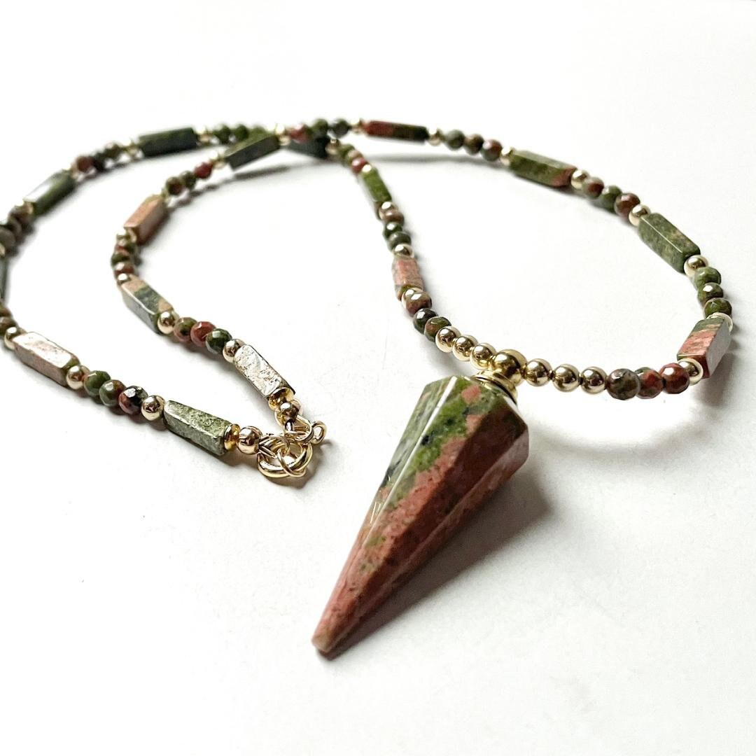Unakite Spike Necklace - Green & Orange Gemstone, Gold Jewelry Unakite Spike Necklace - Green & Orange Gemstone, Gold Jewelry