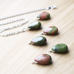 Unakite Teardrop Necklace: Natural Gemstone, Sterling Silver Chain