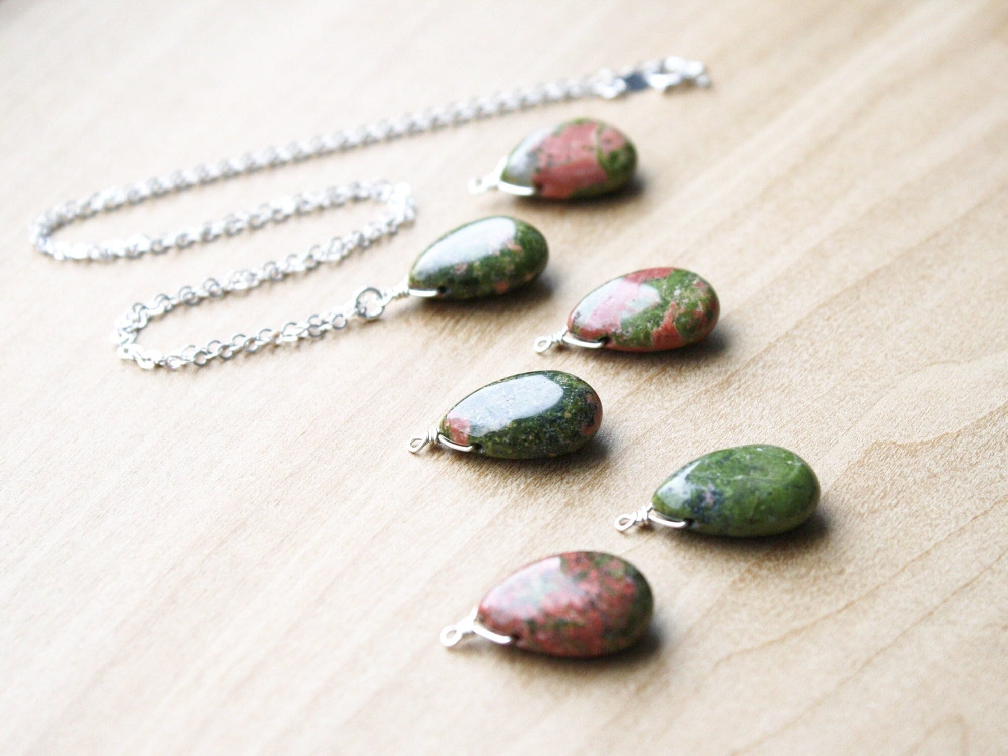 Unakite Teardrop Necklace: Natural Gemstone, Sterling Silver Chain