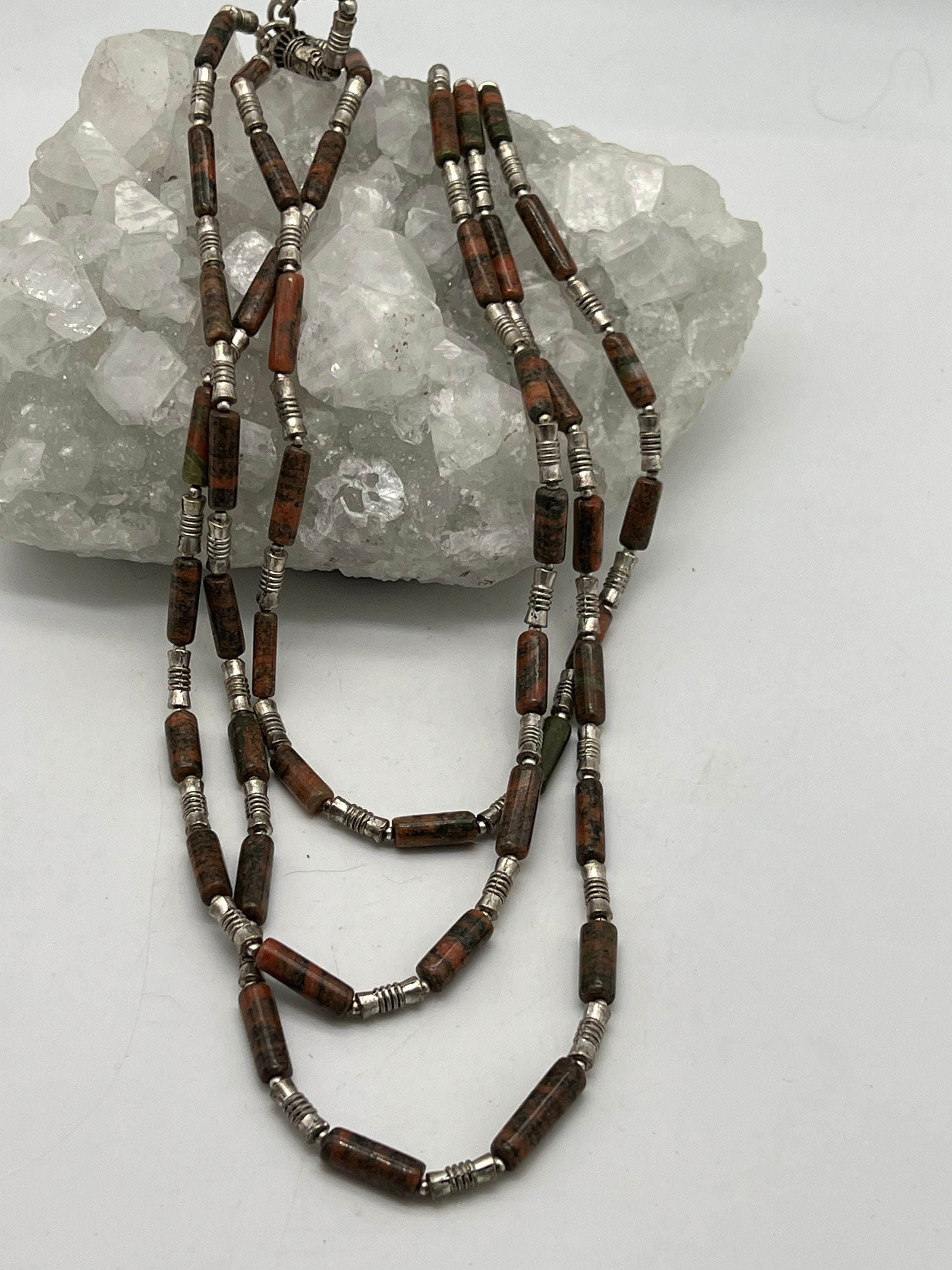 Three Strand Unakite Beaded Necklace- 18-20”- Adjustable Three Strand Unakite Beaded Necklace- 18-20”- Adjustable
