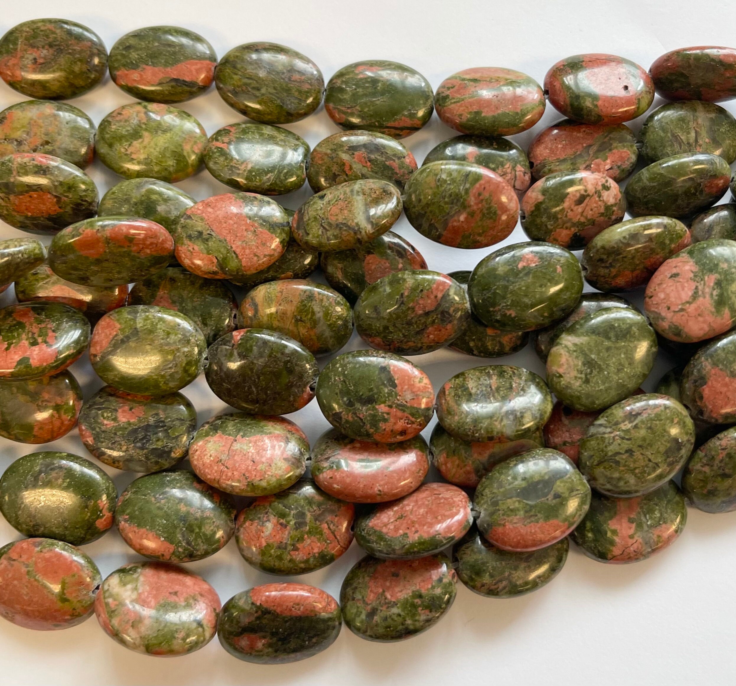 Natural Unakite 18x13x5mm Flat Oval Gemstone Beads--15.5 Inch Strand