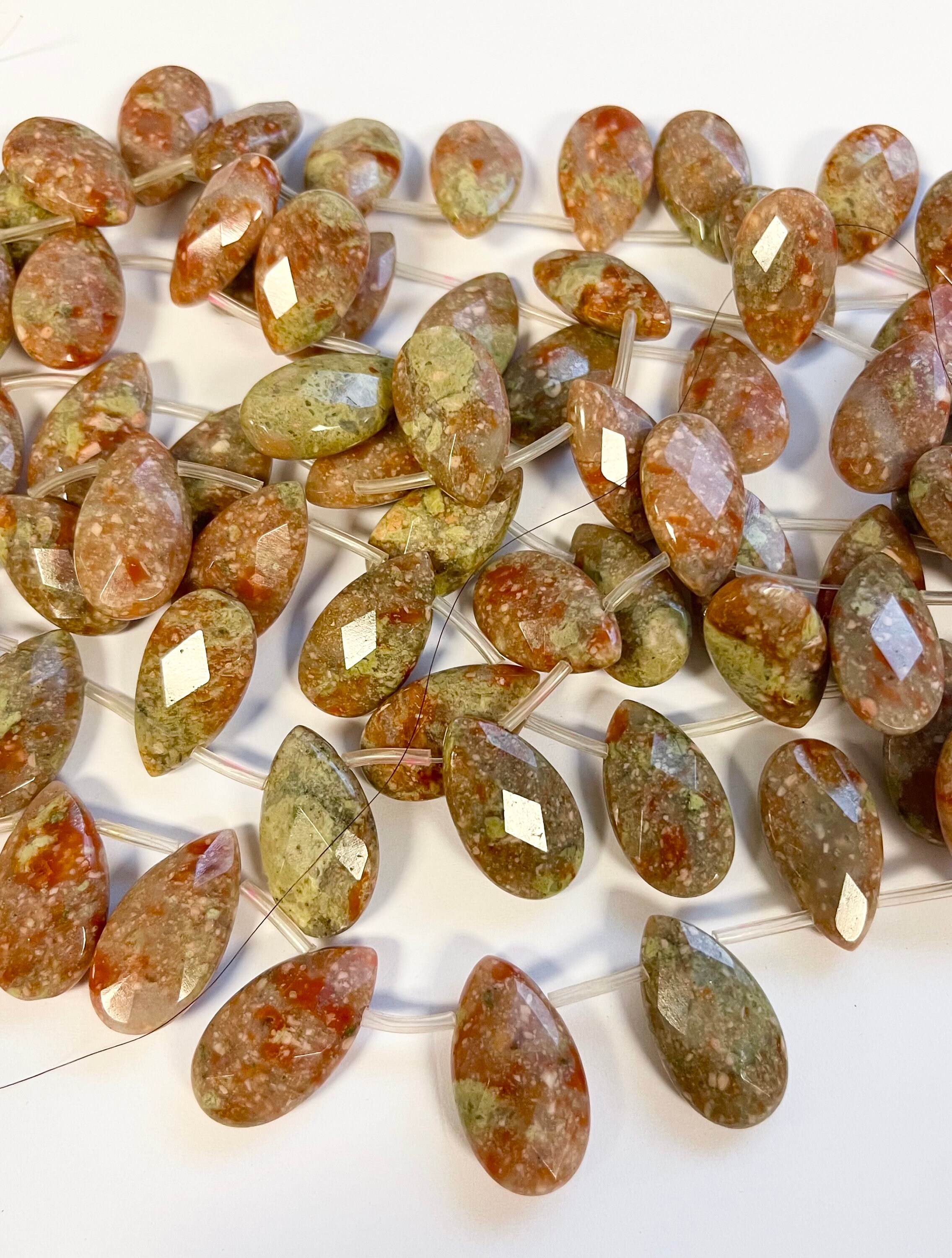 Natural Chinese Unakite Flat Teardrop 22x12x6mm Gemstone Beads--7.5 Inch Strand