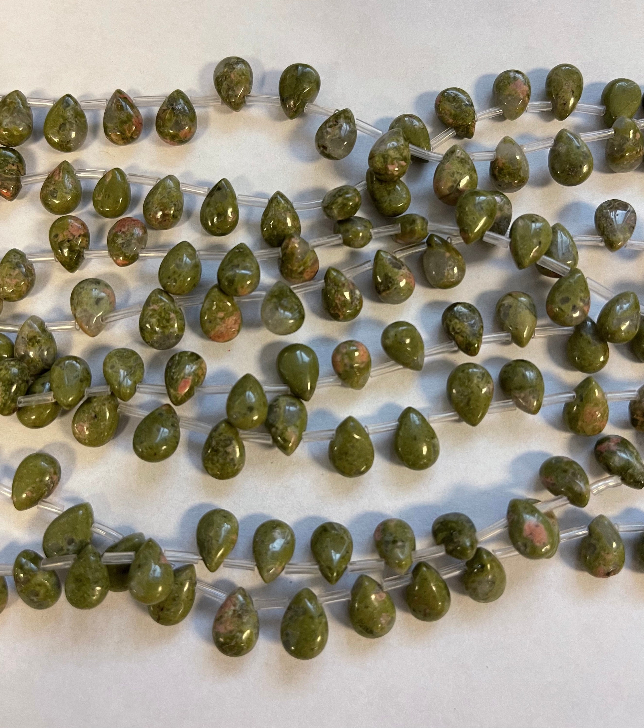 Natural Unakite Flat Teardrop 9x6x5mm Gemstone Beads--15.5 Inch Strand