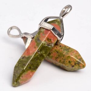 2 Pcs - 40x8mm Lotus Pond Unakite Beads Hexagonal Pointed Pendant Natural Grade Aaa Silver Plated Cap Bulk Lot 1,3,5,10 And 50 (102501-534)