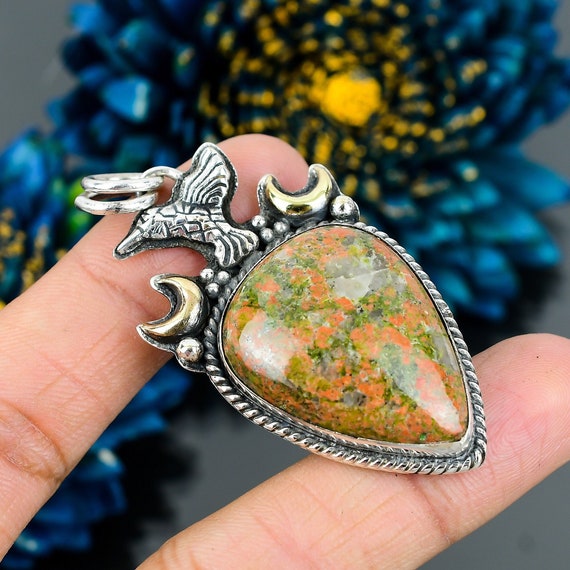 Unakite Bird Pendant: Handmade Sterling Silver Gemstone Jewelry