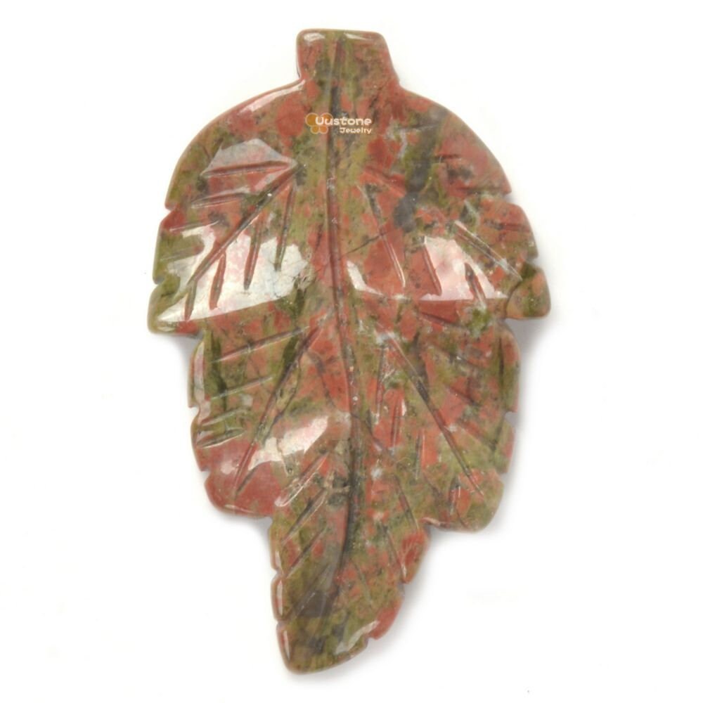 G2568.46 40mm Natural Unakite Carved Leaf Retro Pendant Bead Jewellery Making