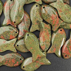 Genuine Natural Green Unakite Pendant-Fish Shape Unakite Top Drilled Cabochon Gemstone Pendant