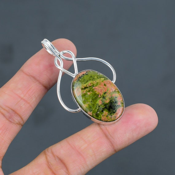 Handmade Unakite Pendant: 925 Sterling Silver Vintage Gemstone Jewelry