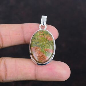 Handmade Oval Unakite Pendant: 925 Sterling Silver Gemstone Jewelry