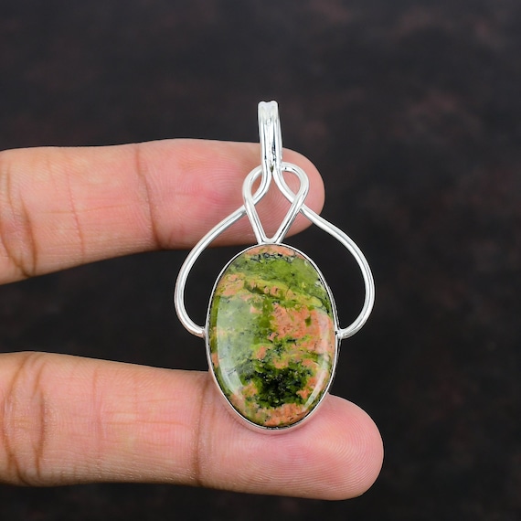 Handmade Oval Unakite Pendant: 925 Sterling Silver Gemstone Jewelry