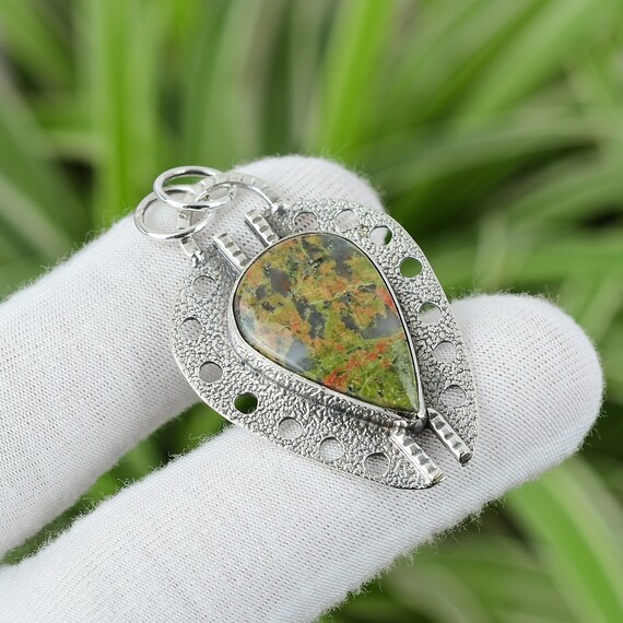 Handmade Pear Unakite Pendant: 925 Sterling Silver Gemstone Jewelry
