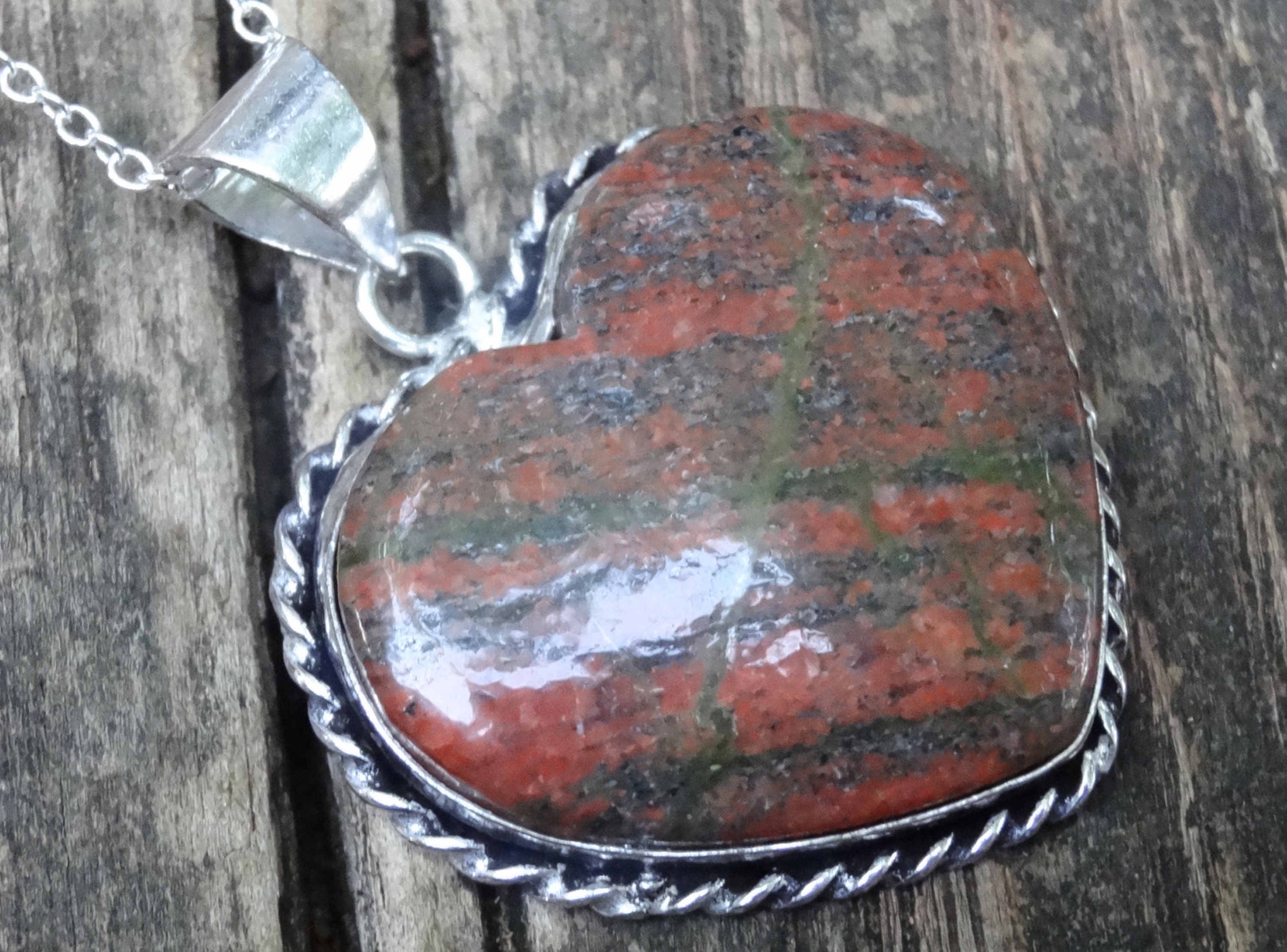 Handmade Sterling Silver Unakite Heart Pendant Necklace
