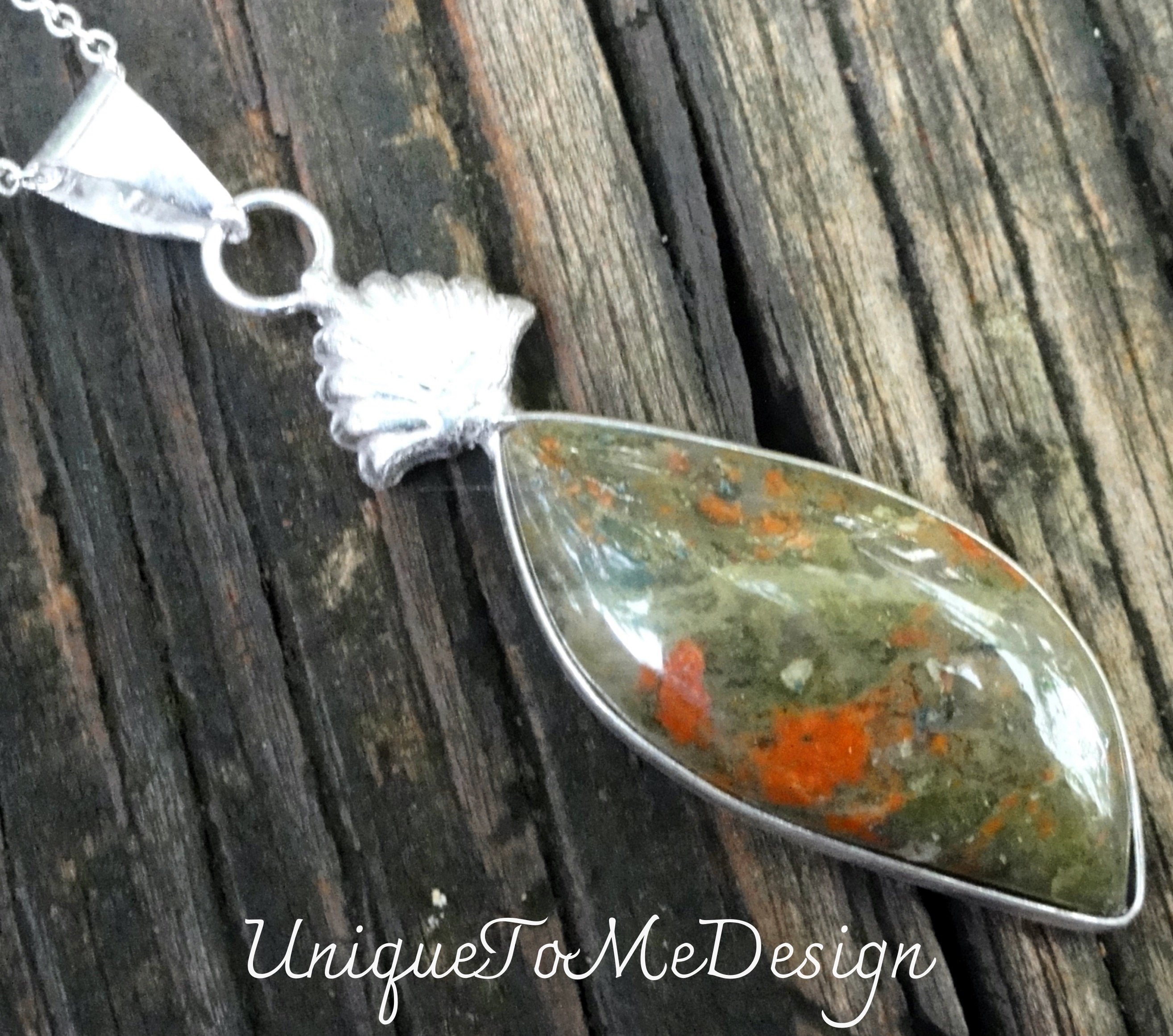 Handmade Sterling Silver Unakite Pendant Necklace: Natural Green & Orange Gemstone