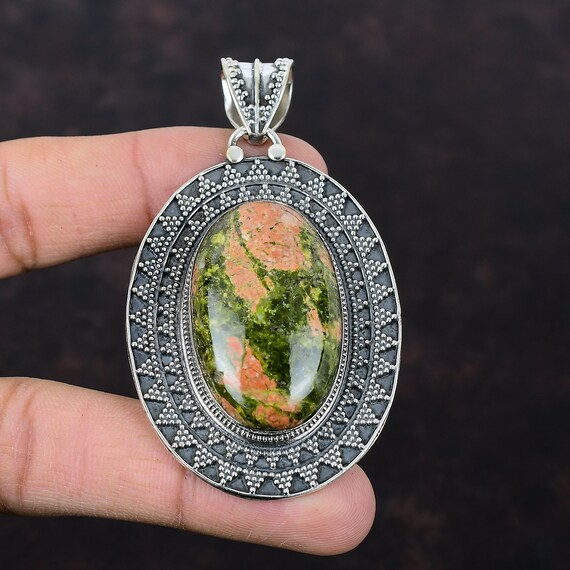 Handmade Unakite Pendant: Vintage 925 Sterling Silver Statement Jewelry