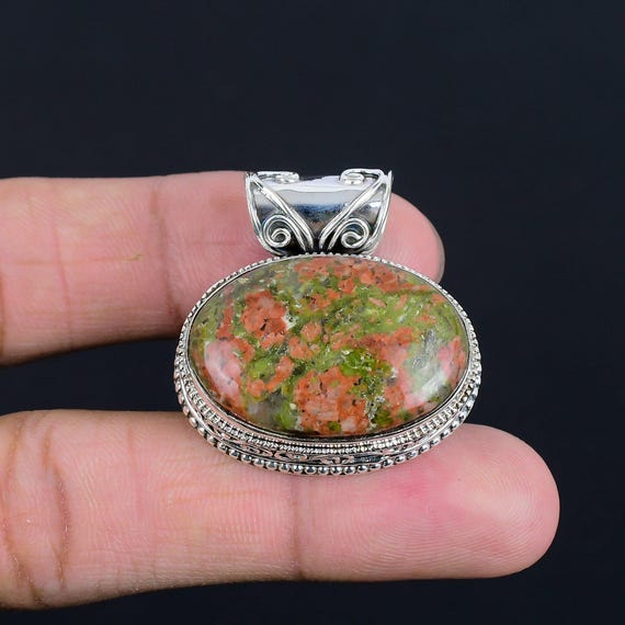 Handmade Unakite Pendant: Vintage 925 Sterling Silver Gemstone Jewelry