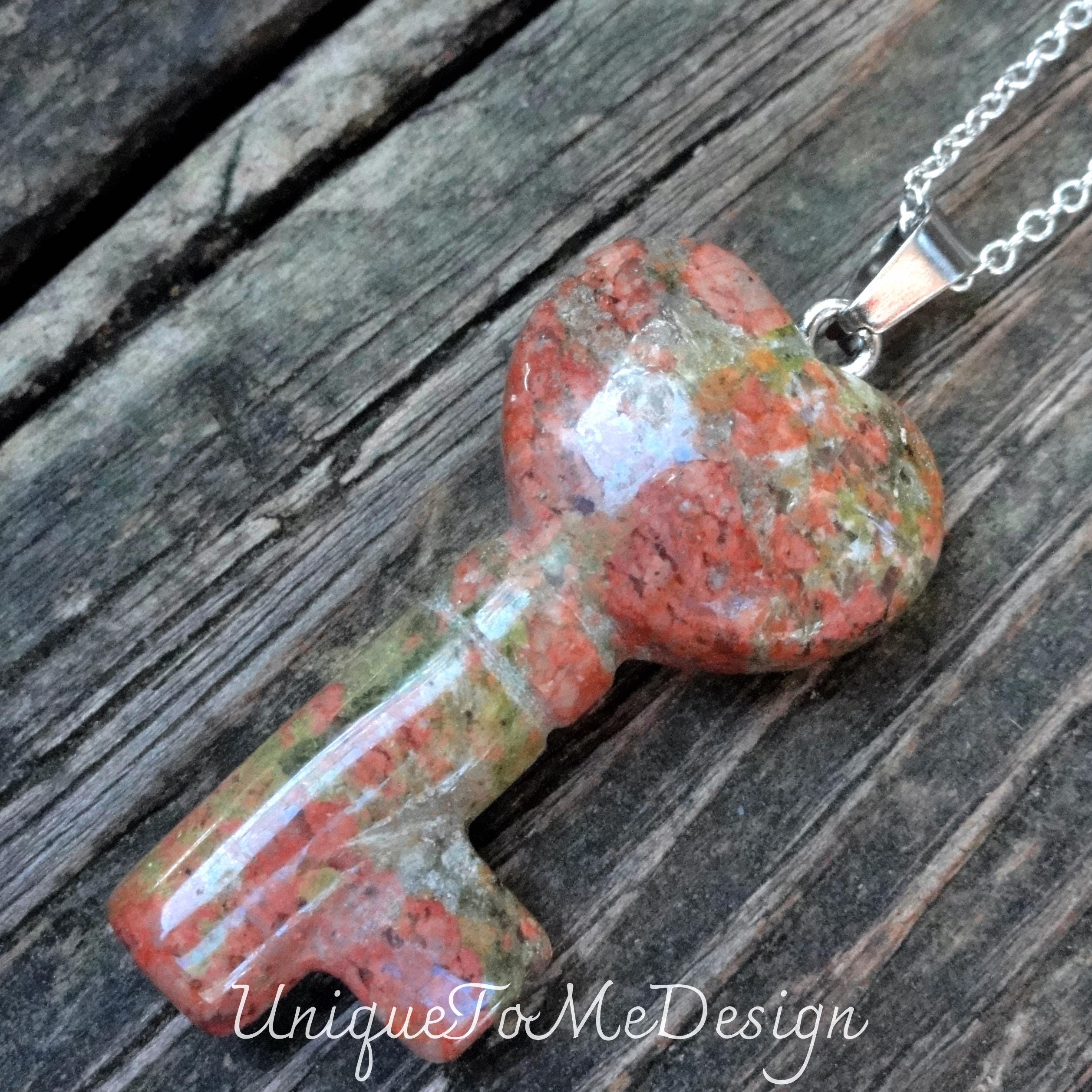 Unakite Heart Key Necklace: Sterling Silver Pendant, Natural Stone
