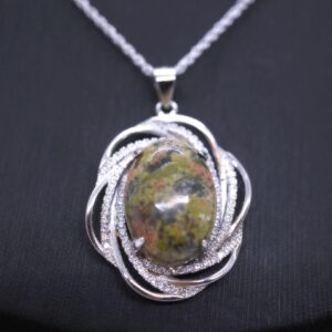 Large Natural Unakite Necklace Full Sterling Silver High Quality Energy Heart Chakra Healing Green Unakite Pendant #626