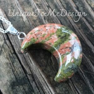 Unakite Moon Necklace: Sterling Silver Celestial Pendant, Natural Stone