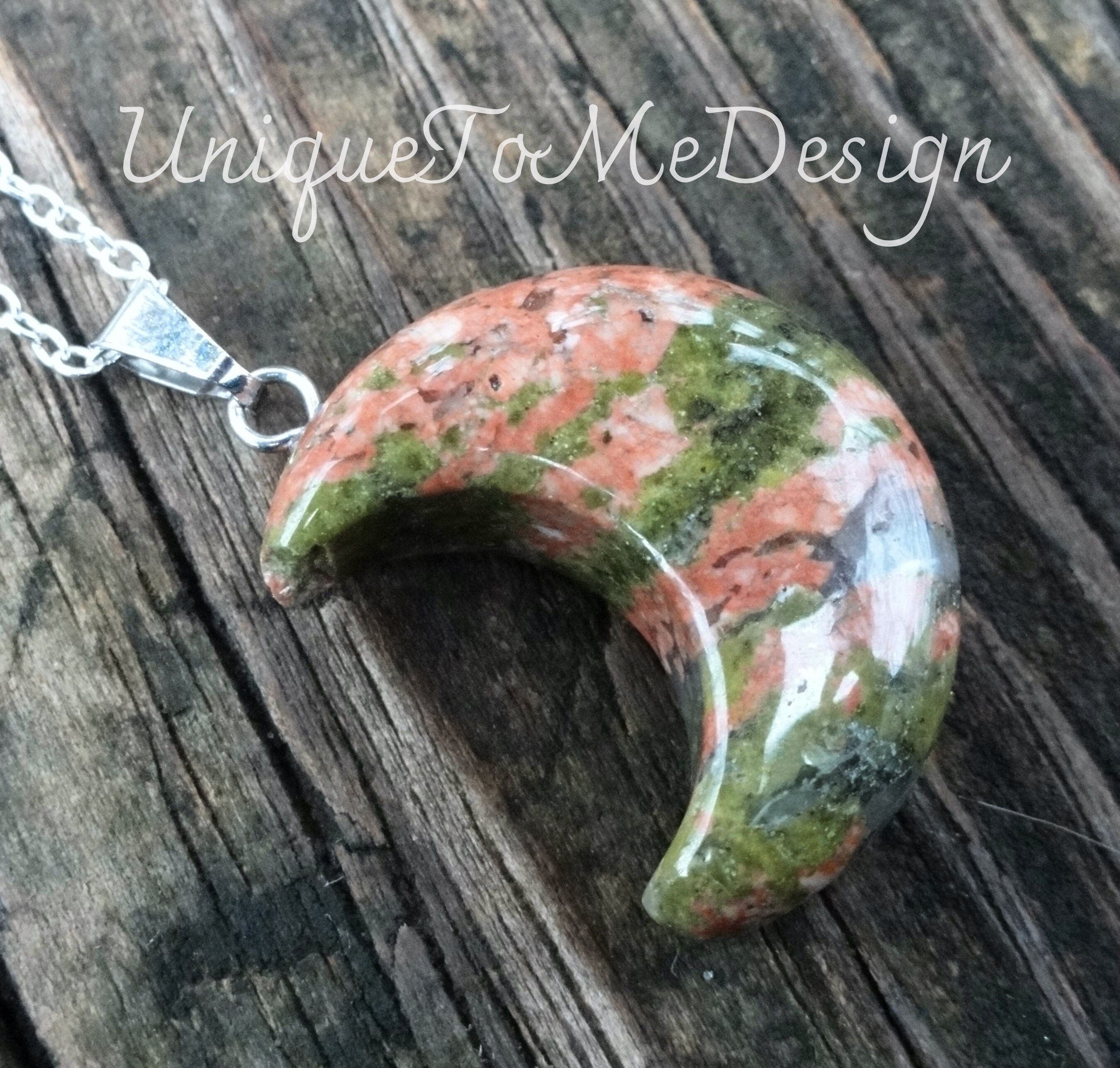 Unakite Moon Necklace: Sterling Silver Celestial Pendant, Natural Stone
