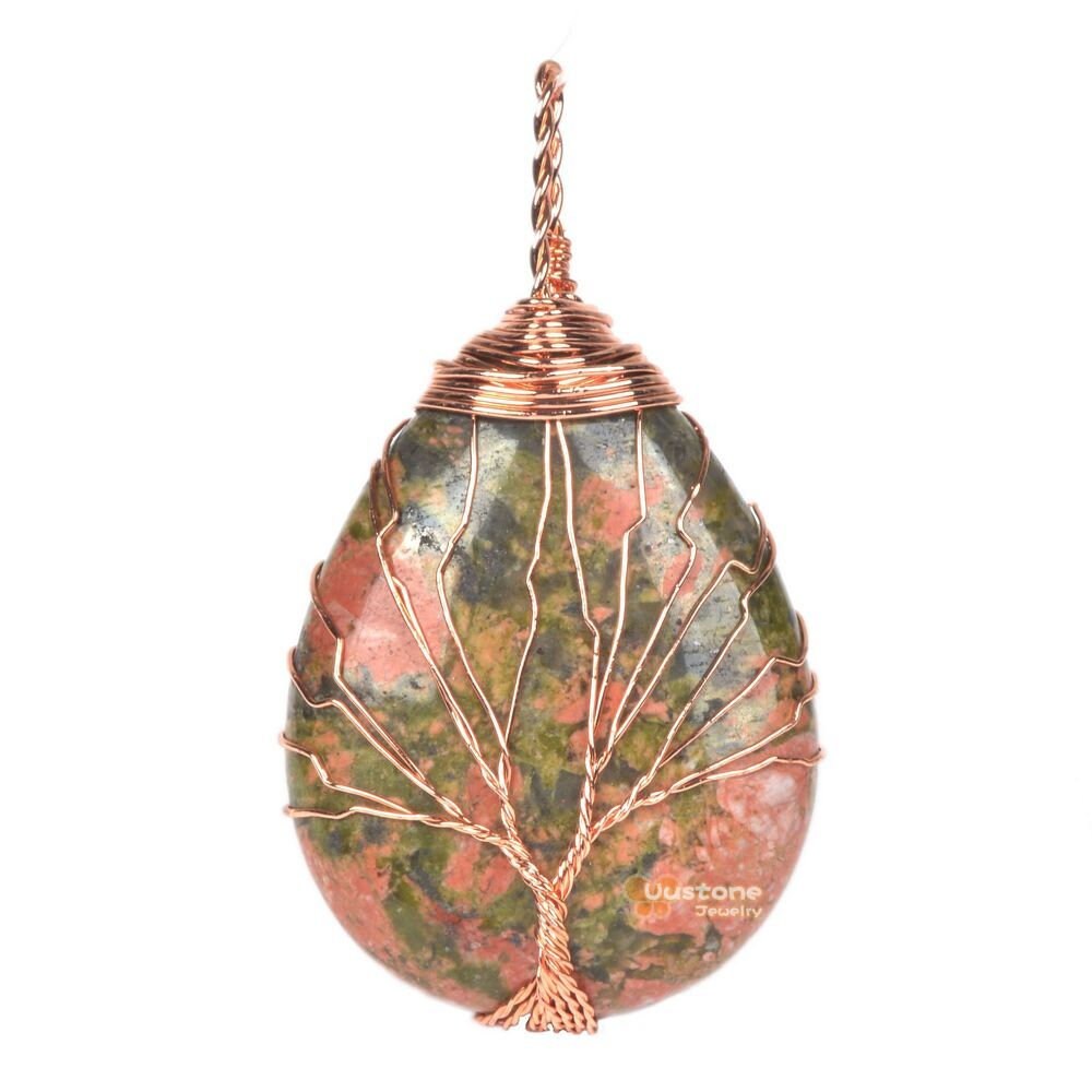 Natural Unakite Vintage Style Tree Of Life Teardrop Handmade Focal Bead Pendant