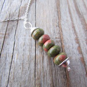 Unakite Necklace, stone pendant, green and pink gemstone stack pendant
