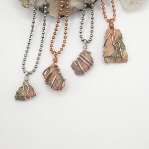 Raw Unakite Necklace: Copper Or Sterling Silver Wrapped Crystal Pendant