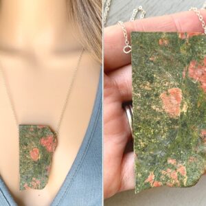 Raw Unakite Necklace, Huge Unakite Jasper Pendant Necklace, Unakite Jewelry Gold Crystal Healing Necklace, Big Gemstone Necklace Exact Stone