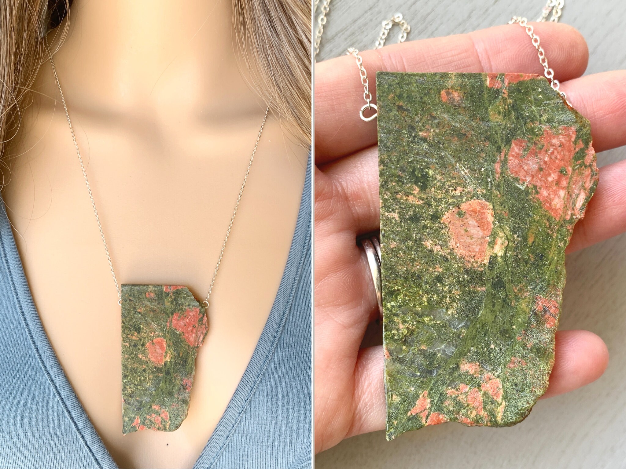 Raw Unakite Necklace, Huge Unakite Jasper Pendant Necklace, Unakite Jewelry Gold Crystal Healing Necklace, Big Gemstone Necklace Exact Stone