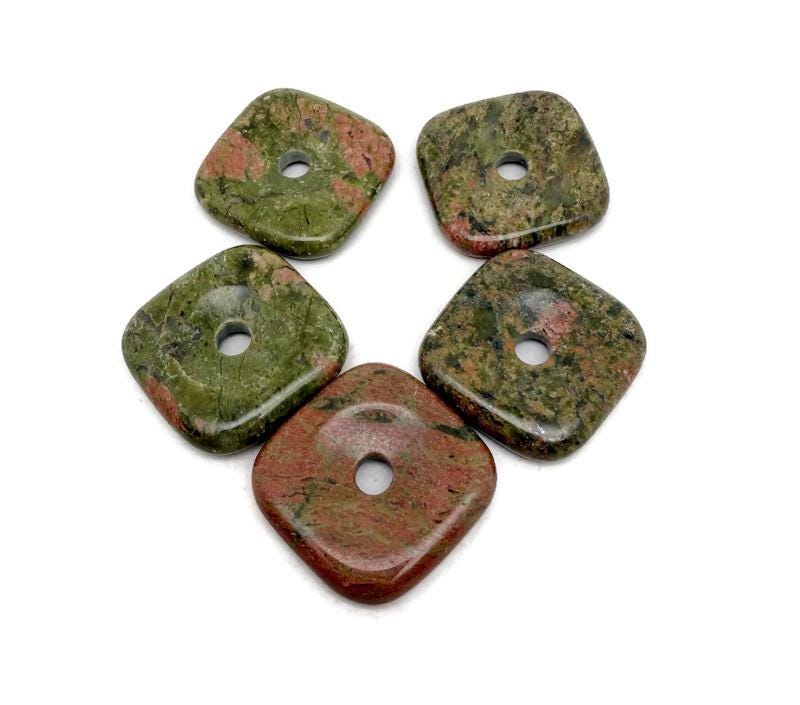 Unakite Square Crystal Donut Pendant – Natural Gemstone Healing Amulet - 30mm - Do1119