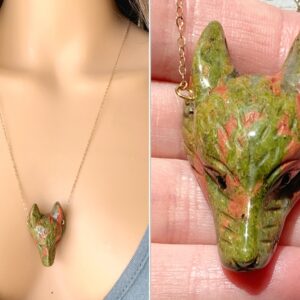 Wolf Pendant Raw Stone Necklace, Spirit Animal Necklace, Witch Necklace, Unakite Necklace, Talisman Pendant, Wolf Totem Jewelry Exact Stone