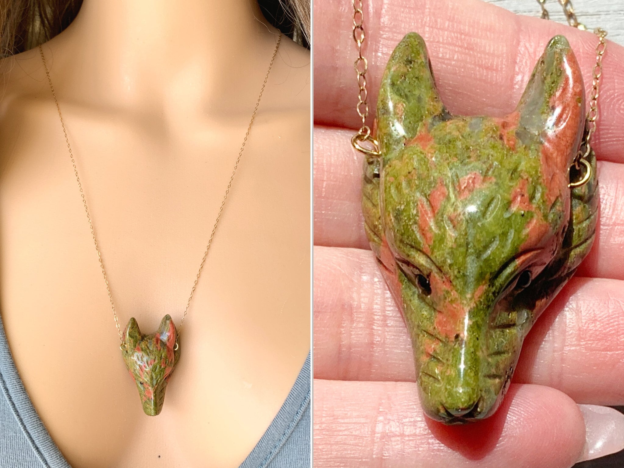 Wolf Pendant Raw Stone Necklace, Spirit Animal Necklace, Witch Necklace, Unakite Necklace, Talisman Pendant, Wolf Totem Jewelry Exact Stone