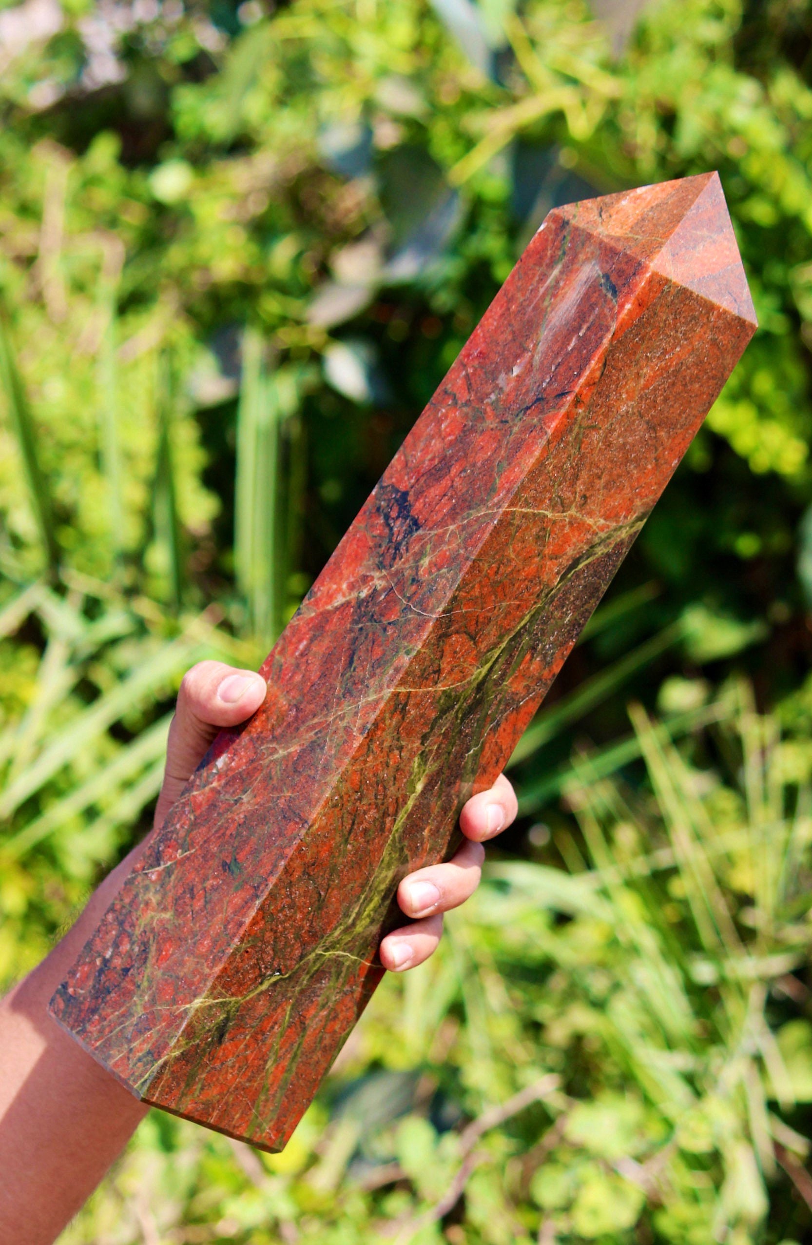 Tallest Large 400mm Green Unakite Crystal Tower: Polished Reiki Healing Obelisk Tallest Large 400mm Green Unakite Crystal Tower: Polished Reiki Healing Obelisk