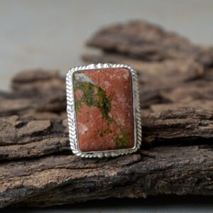 Cushion Unakite Ring: 925 Sterling Silver, Pink Green Gemstone Cushion Unakite Ring: 925 Sterling Silver, Pink Green Gemstone