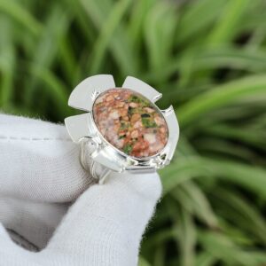 Handmade Unakite Ring: Oval Gemstone, 925 Sterling Silver, Size 8