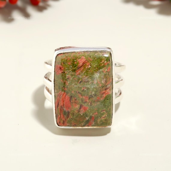 Natural Unakite Ring: 925 Sterling Silver Green Gemstone Natural Unakite Ring: 925 Sterling Silver Green Gemstone