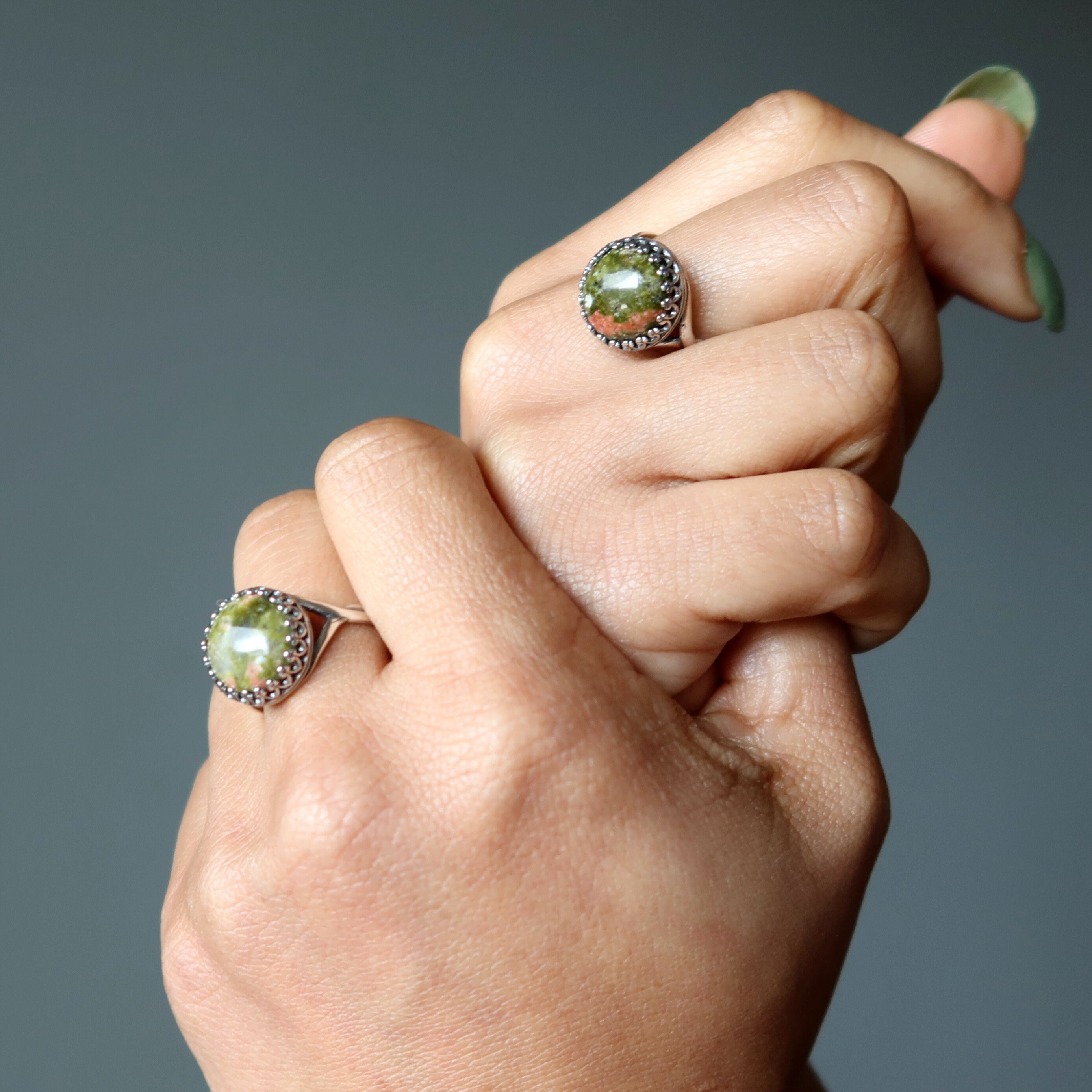 Unakite Ring Signs Of Spring Green Pink Round Gem Sterling Silver Unakite Ring Signs Of Spring Green Pink Round Gem Sterling Silver