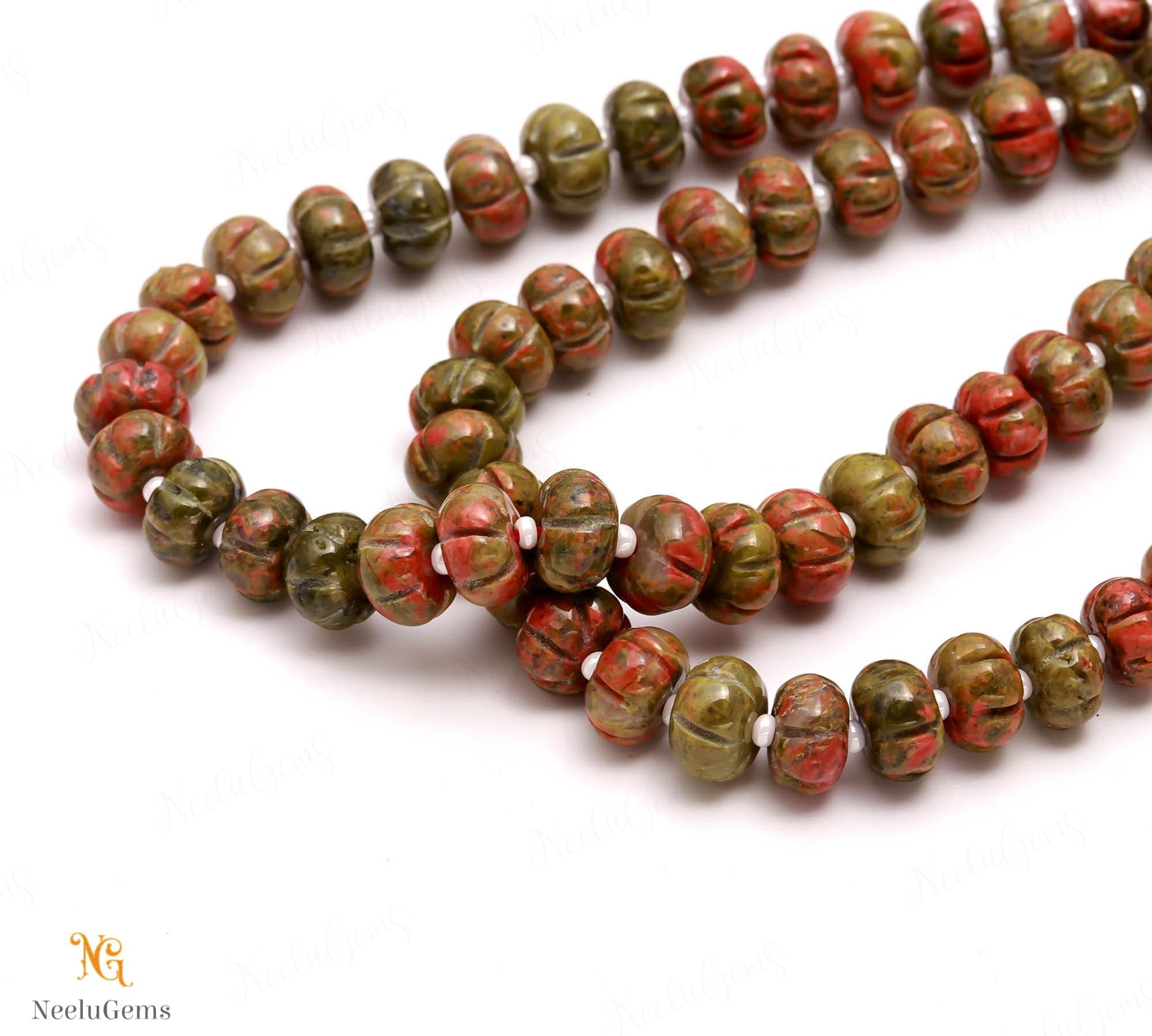 Aaa+ Unakite Jasper Carving Rondelle Beads,8 Mm Hand Curved Jasper Watermelon Beads,16" Jasper Pumpkin Beads For Handmade Jewelry