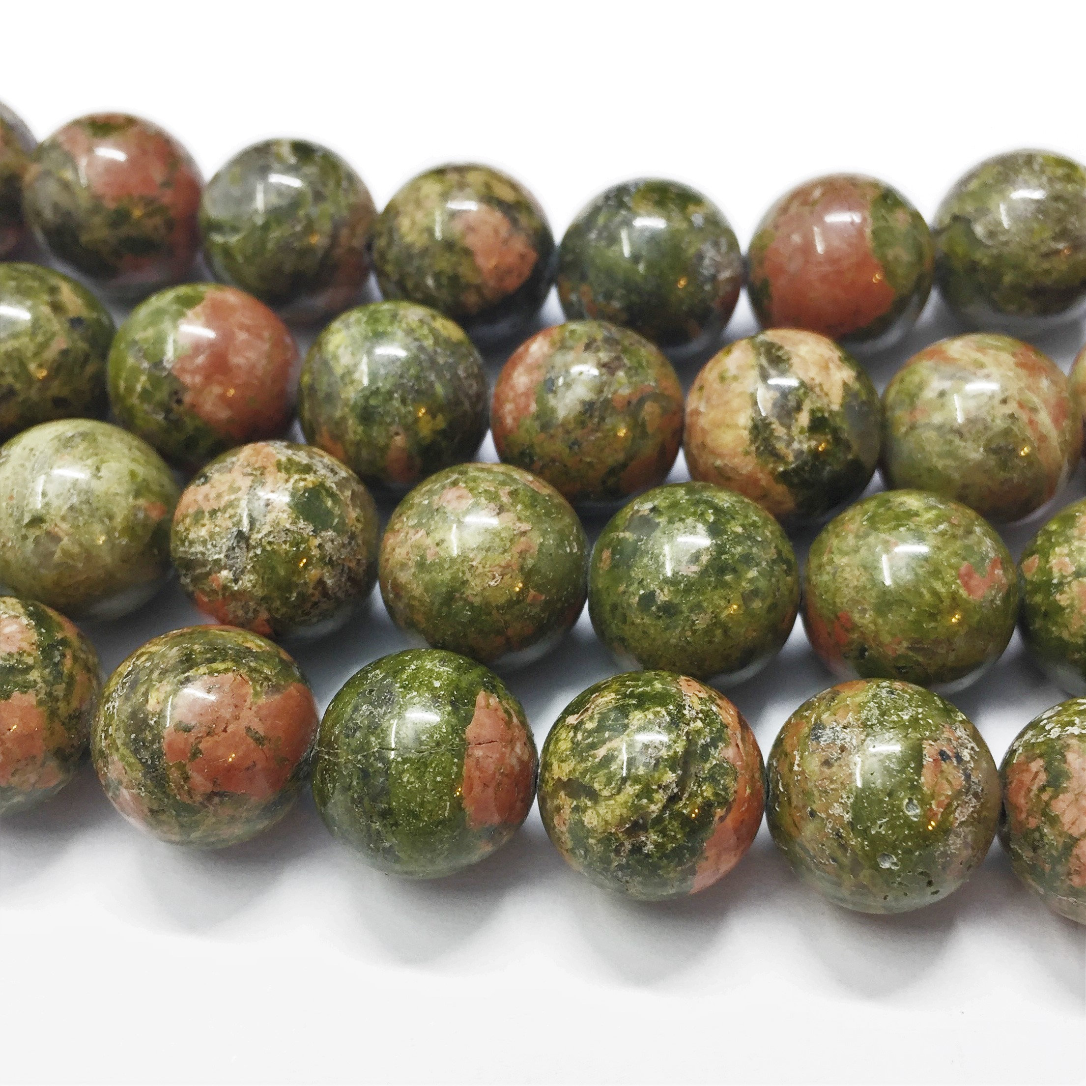 12mm Unakite Gemstone Beads. 15” Strand Of High Quality Round Beads, About 32 Per Strand. Epidote And Pink Feldspar.