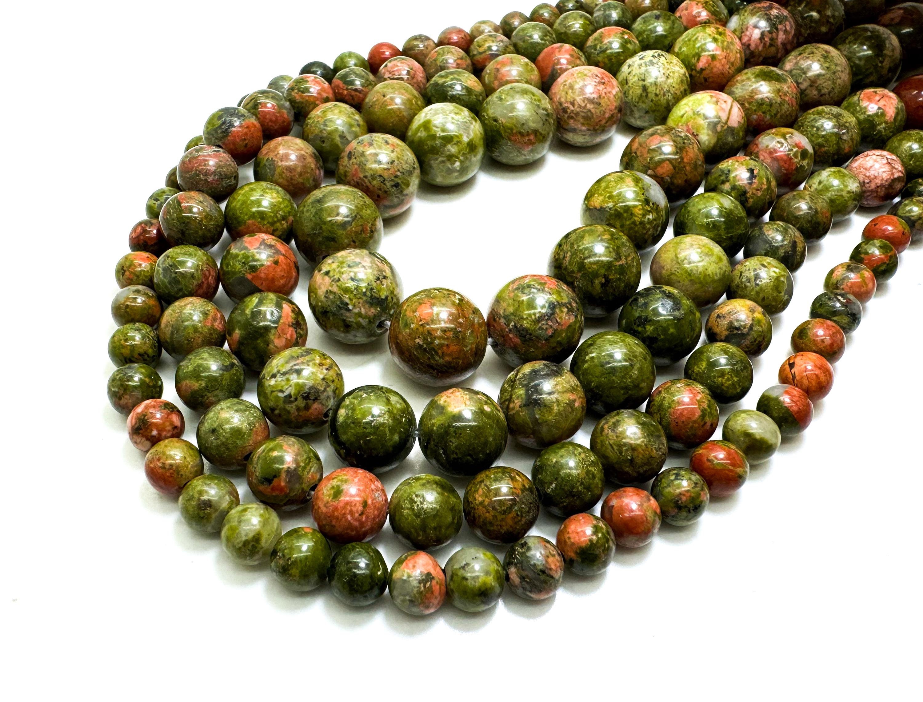 Natural Olive Green Unakite Smooth Round 6mm 8mm 10mm 12mm Gemstone Beads - Pg81