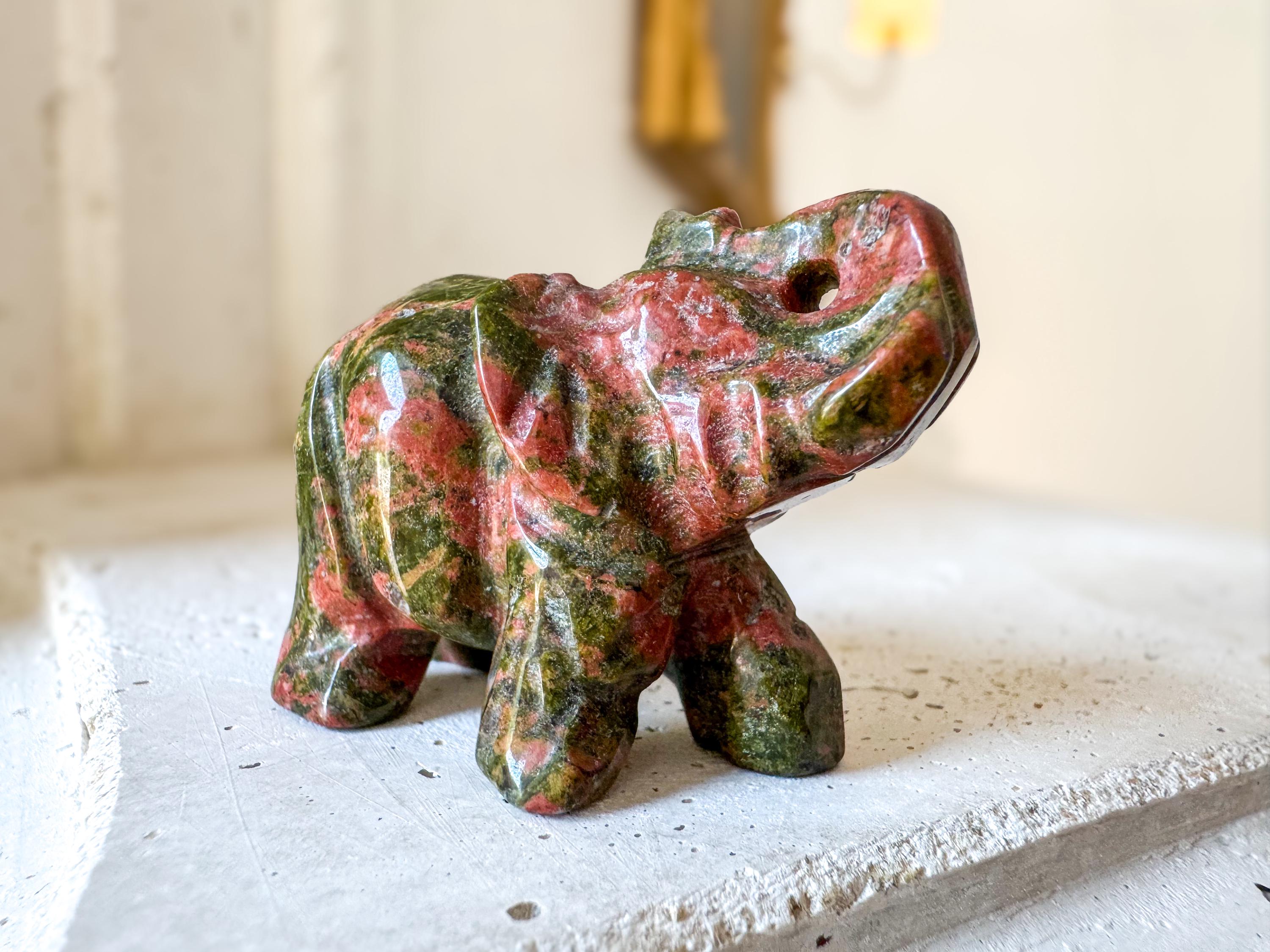 Unakite Elephant Carving: 2-inch Gemstone Figurine, Healing Crystal