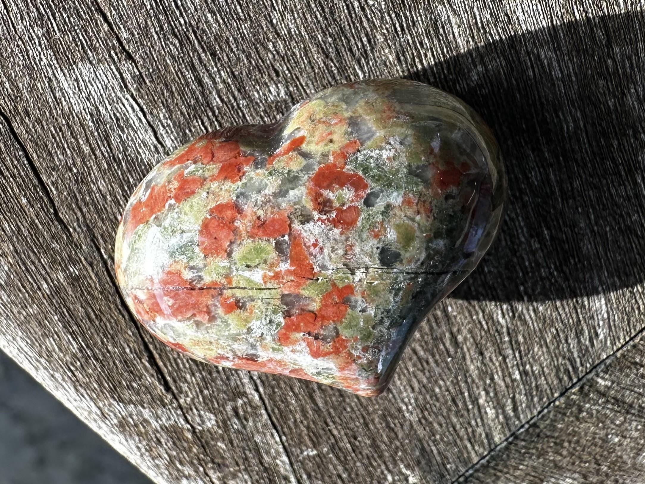 Unakite Puffy Heart Pocket, Worry Healing Stone With Positive Healing Energy!