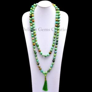 Variscite 108 Bead Mala Necklace, Knotted Gemstone Tassel, Meditation Japa Mala