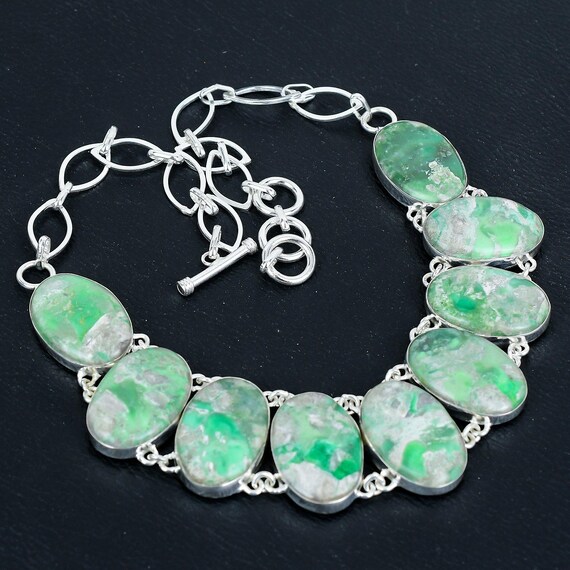 Handmade Variscite Gemstone Necklace: Antique Sterling Silver, Adjustable Chain